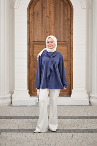 Yaka Pelerin Bağlamalı Bisiklet Yaka Tunik Lacivert