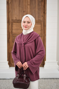 Yaka Pelerin Bağlamalı Bisiklet Yaka Tunik Mürdüm