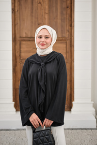 Yaka Pelerin Bağlamalı Bisiklet Yaka Tunik Siyah