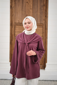 Yaka Pelerin Bağlamalı Bisiklet Yaka Tunik Mürdüm