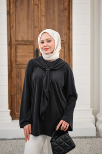 Yaka Pelerin Bağlamalı Bisiklet Yaka Tunik Siyah