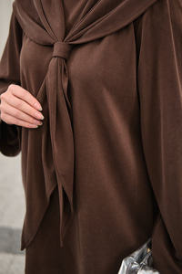 Yaka Pelerin Bağlamalı Bisiklet Yaka Tunik Kahverengi