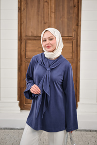 Yaka Pelerin Bağlamalı Bisiklet Yaka Tunik Lacivert