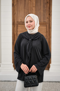 Yaka Pelerin Bağlamalı Bisiklet Yaka Tunik Siyah