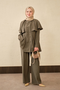 Yaka Pelerinli Çift Düğme Detay Takım Haki Yeşil