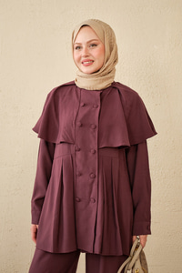 Yaka Pelerinli Çift Düğme Detay Takım Mürdüm