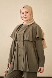 Yaka Pelerinli Çift Düğme Detay Takım Haki Yeşil