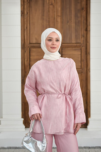 Yaka Şal Detay Bel Bağlamalı Takım Pembe