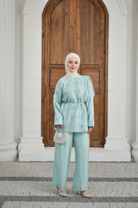 Yaka Şal Detay Bel Bağlamalı Takım Turkuaz