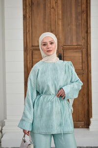 Yaka Şal Detay Bel Bağlamalı Takım Turkuaz