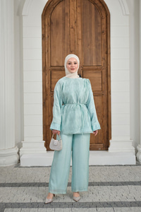 Yaka Şal Detay Bel Bağlamalı Takım Turkuaz