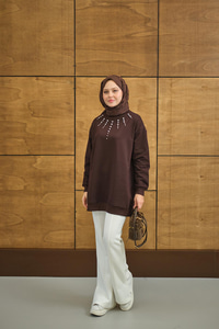 Yaka Taş Detay Tunik Kahverengi