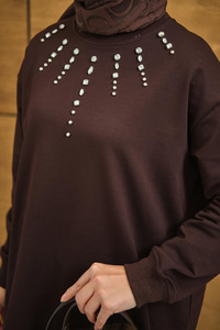 Yaka Taş Detay Tunik Kahverengi