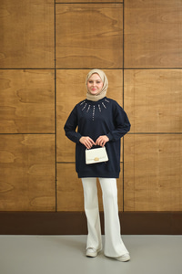 Yaka Taş Detay Tunik Lacivert