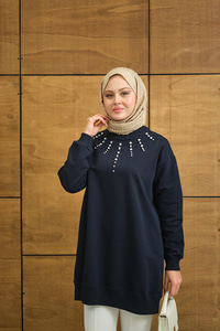 Yaka Taş Detay Tunik Lacivert