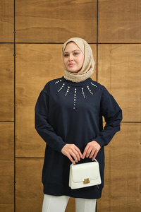 Yaka Taş Detay Tunik Lacivert