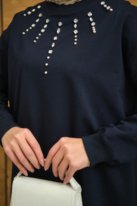 Yaka Taş Detay Tunik Lacivert