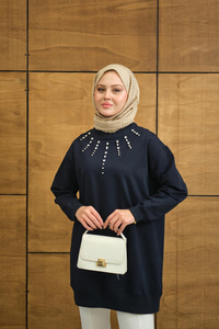 Yaka Taş Detay Tunik Lacivert