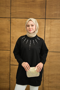 Yaka Taş Detay Tunik Siyah