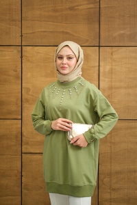 Yaka Taş Detay Tunik Yeşil