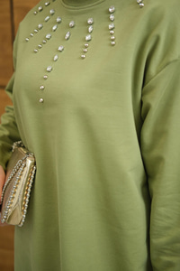 Yaka Taş Detay Tunik Yeşil