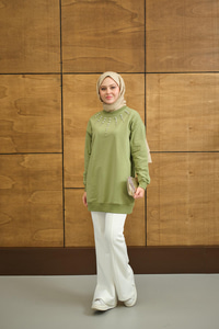 Yaka Taş Detay Tunik Yeşil