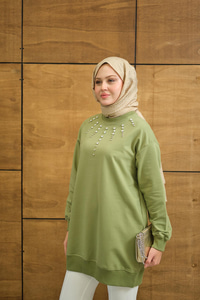 Yaka Taş Detay Tunik Yeşil