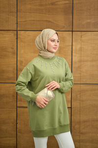 Yaka Taş Detay Tunik Yeşil