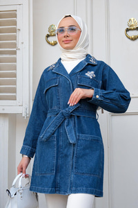 Yaka ve Cep Kısmı Taşlı Kemerli Denim Ceket  Koyu Mavi