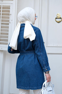 Yaka ve Cep Kısmı Taşlı Kemerli Denim Ceket  Koyu Mavi