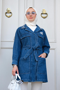 Yaka ve Cep Kısmı Taşlı Kemerli Denim Ceket  Koyu Mavi