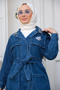 Yaka ve Cep Kısmı Taşlı Kemerli Denim Ceket  Koyu Mavi