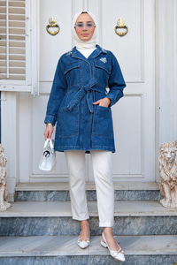 Yaka ve Cep Kısmı Taşlı Kemerli Denim Ceket  Koyu Mavi