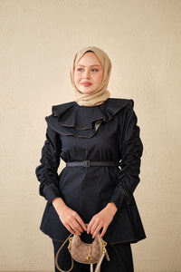 Yaka Ve Kol Büzgülü Kemer Bağlamalı Kot Takım Lacivert