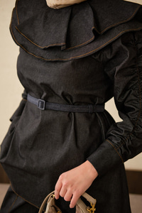 Yaka Ve Kol Büzgülü Kemer Bağlamalı Kot Takım Siyah