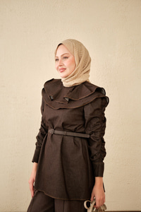 Yaka Ve Kol Büzgülü Kemer Bağlamalı Kot Takım Kahverengi