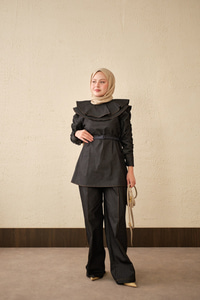 Yaka Ve Kol Büzgülü Kemer Bağlamalı Kot Takım Siyah