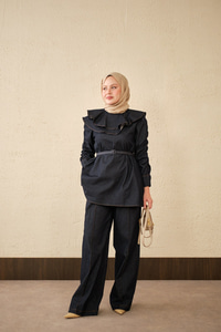 Yaka Ve Kol Büzgülü Kemer Bağlamalı Kot Takım Lacivert