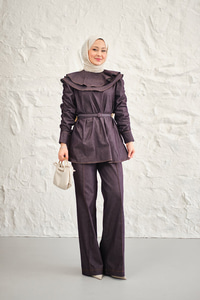 Yaka Ve Kol Büzgülü Kemer Bağlamalı Kot Takım Mürdüm