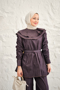 Yaka Ve Kol Büzgülü Kemer Bağlamalı Kot Takım Mürdüm