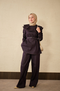 Yaka Ve Kol Büzgülü Kemer Bağlamalı Kot Takım Mor