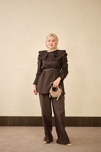 Yaka Ve Kol Büzgülü Kemer Bağlamalı Kot Takım Kahverengi