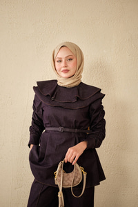 Yaka Ve Kol Büzgülü Kemer Bağlamalı Kot Takım Mor