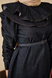 Yaka Ve Kol Büzgülü Kemer Bağlamalı Kot Takım Lacivert