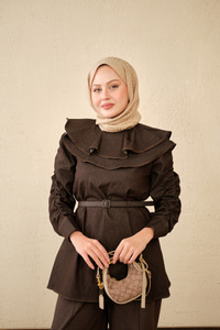 Yaka Ve Kol Büzgülü Kemer Bağlamalı Kot Takım Kahverengi