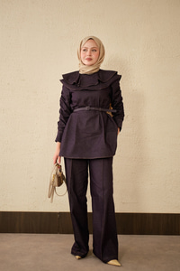 Yaka Ve Kol Büzgülü Kemer Bağlamalı Kot Takım Mor