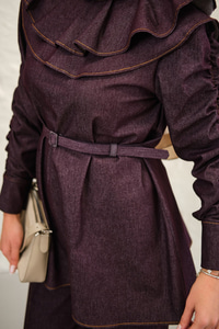 Yaka Ve Kol Büzgülü Kemer Bağlamalı Kot Takım Bordo