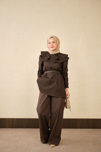 Yaka Ve Kol Büzgülü Kemer Bağlamalı Kot Takım Kahverengi