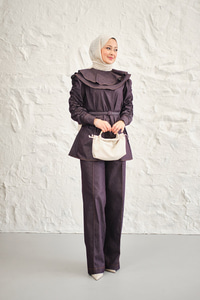 Yaka Ve Kol Büzgülü Kemer Bağlamalı Kot Takım Mürdüm