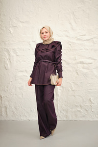 Yaka Ve Kol Büzgülü Kemer Bağlamalı Kot Takım Bordo